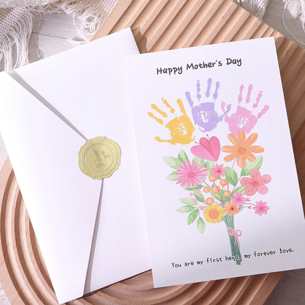 A Mother's Day Greeting Card with an Accompanying Envelope. The Card Is Blank and Features a Cartoon Floral Design, Suitable for Mother's Day Celebrations, as a Thank You Card, or as a Mother's Day Gift for Mom. Qme