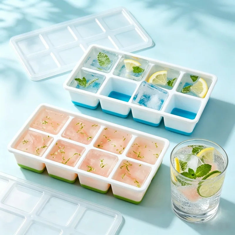8 Grid Large Square Plastic Ice Tray with Lid, Soft Bottom Easy To Release Mold Large Ice Cube Mold for Whiskey Cocktail Qme
