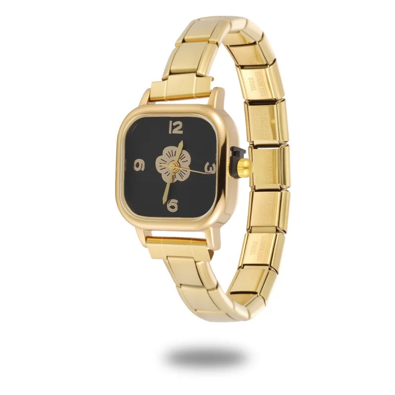 Fashion Women's Stainless Steel Square Flowers Watch Round Moon Sun