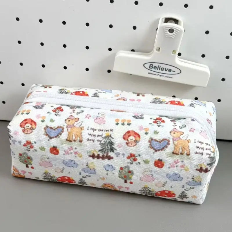 Beautiful Cartoon Animal Canvas Pencil Pouch Floral Design Zipper Bag Qme A2