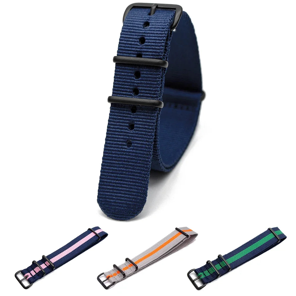 Sports Watch Band Nylon Strap Stainless Steel Black Frosted Buckle Adjustable 18MM 20MM 22MM 24MM Unisex Replacement Wristband Qme