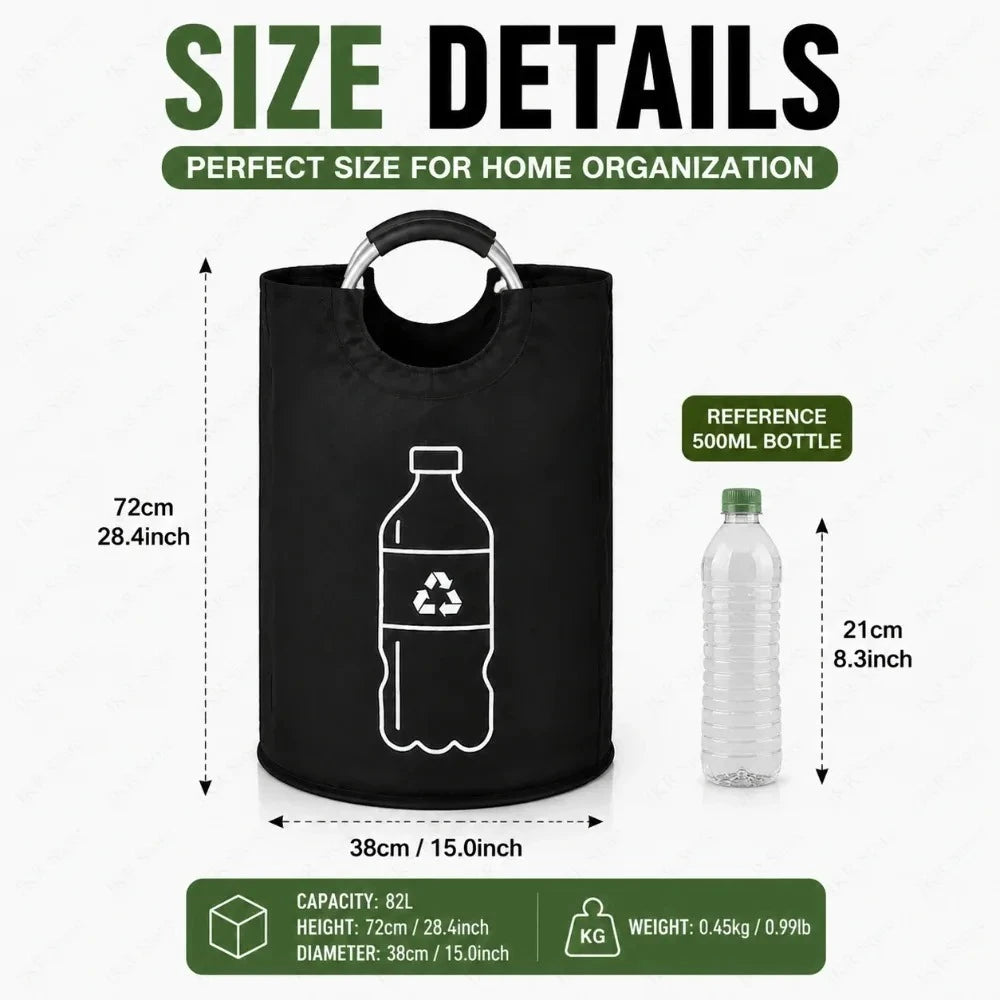 Foldable 82L Waste Recycling Basket Aluminum Carry Handle Large Empty Bottle Storage Bag For Kitchen Laundry Space Organizing Qme