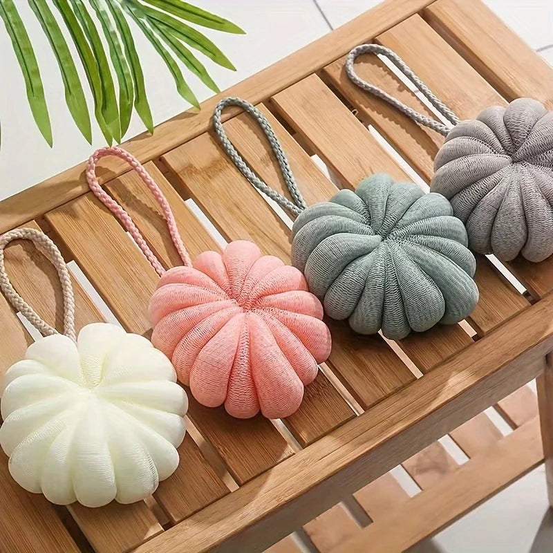 Cute Pumpkin Shaped Bath Sponge, Soft PE Mesh Shower Loofah, Exfoliating Bath Ball With Hanging Rope, 4 Colors Qme