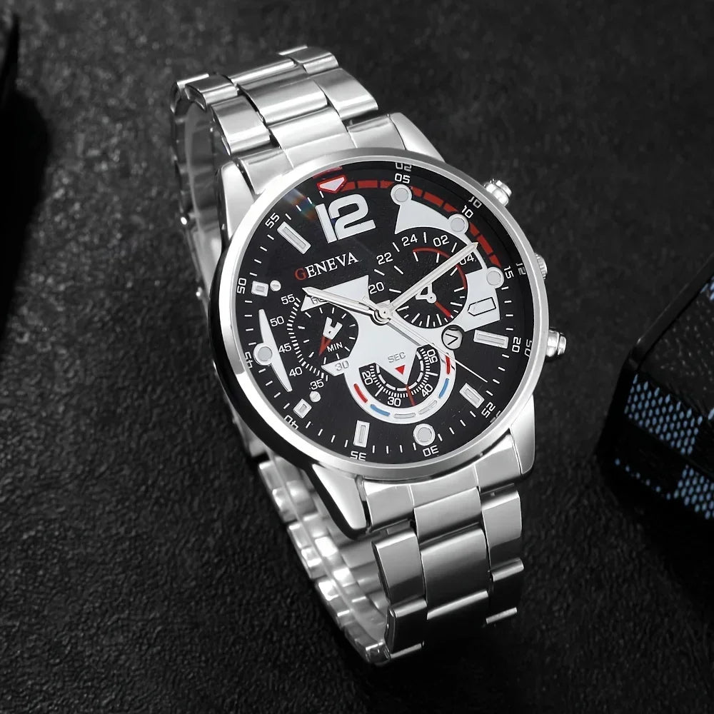 3PCS/Set Men's Quartz Watch with Calendar Feature, Fashionable Non-Waterproof Round Dial, Zinc Alloy Case & Strap Qme