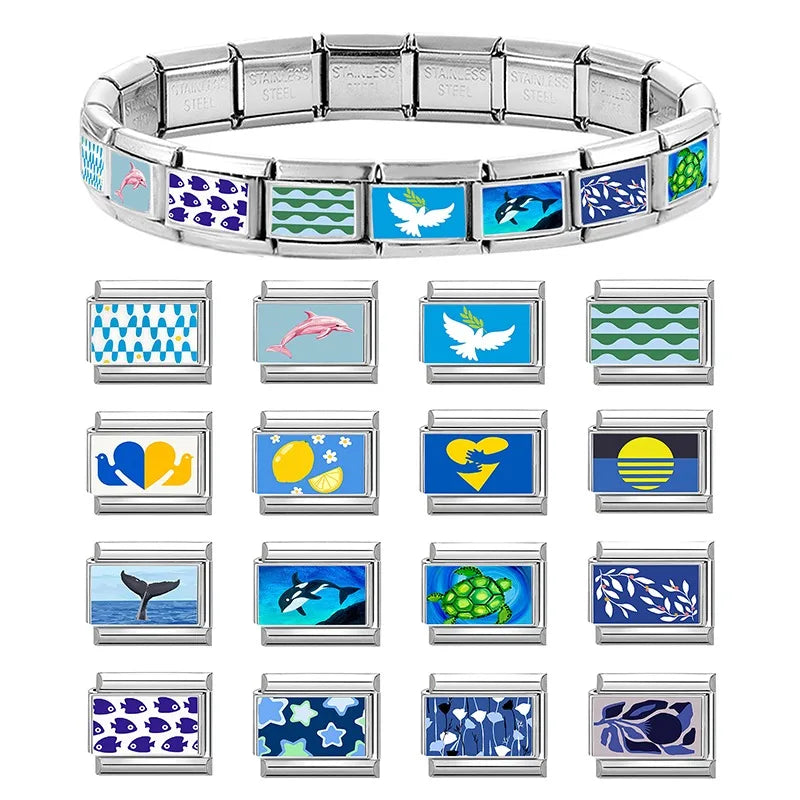 Wholesale 2026 Fashion Crystal Clear Blueberry Star Love Charm Italian Links Fit 9mm Stainless Steel Bracelet Making DIY Jewelry Qme