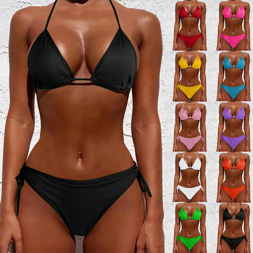 Sexy Women Bikini Brazilian Swimsuit Push-Up Bra Bikini Set Two Piece Swimwear Solid Color Lace Up Bathing Suit (No Padding) Qme