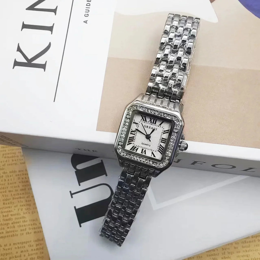 Luxury Fashion Square Women's Watches Brand Ladies Quartz Wristwatch Classic Silver Simple Femme Steel Band relogio feminino Qme silver have diamond
