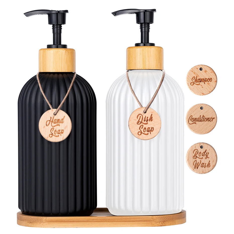 Strip Soap Dispenser with Bamboo Pump Refillable Shampoo Conditioner Hands and Dishes Soap Dispenser Bottle for Kitchen Bathroom Qme
