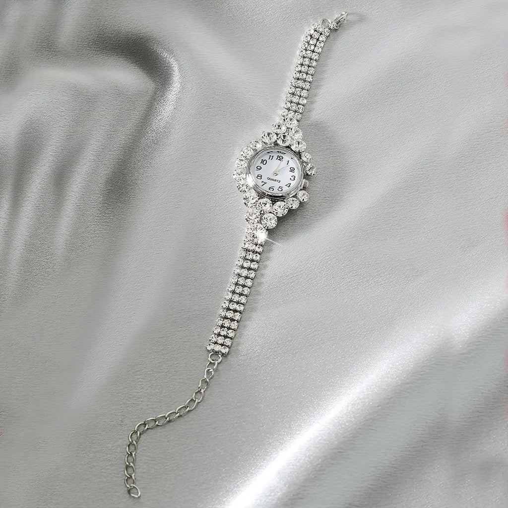 1pc Rhinestone Decor Quartz Watch Elegant Arabic Numeral Dial Wristwatch With Bracelet Design Watchband Qme