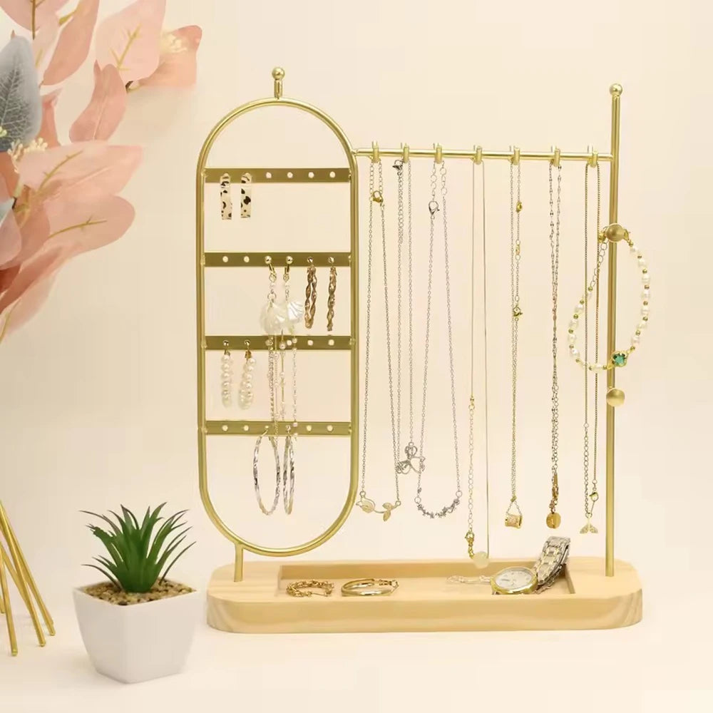 1 desktop solid wood base jewelry rack suitable for organizing and storing watches, earrings, bracelets, necklaces, etc Qme