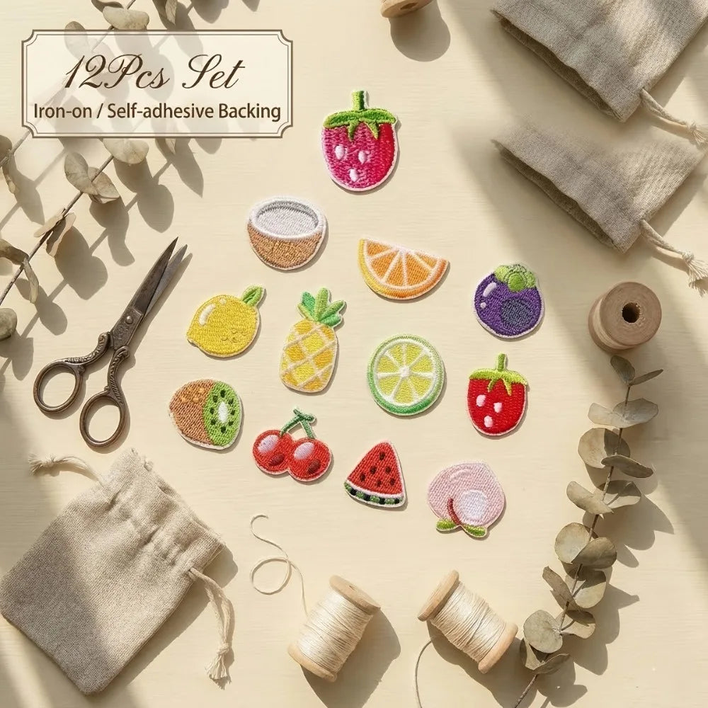 12pcs Cute Fruit Embroidery Iron-On Patches, Self-Adhesive Iron-On Patches for Clothes Repair，Clothing Jeans Backpack DIY Sewing Qme