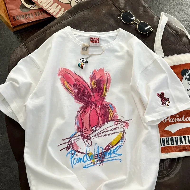 Spring New Korean Cartoon Rabbit Painting Leisure Half Sleeve Round Neck Pullover Cotton Short Sleeve T-shirt Female Qme WT XXL