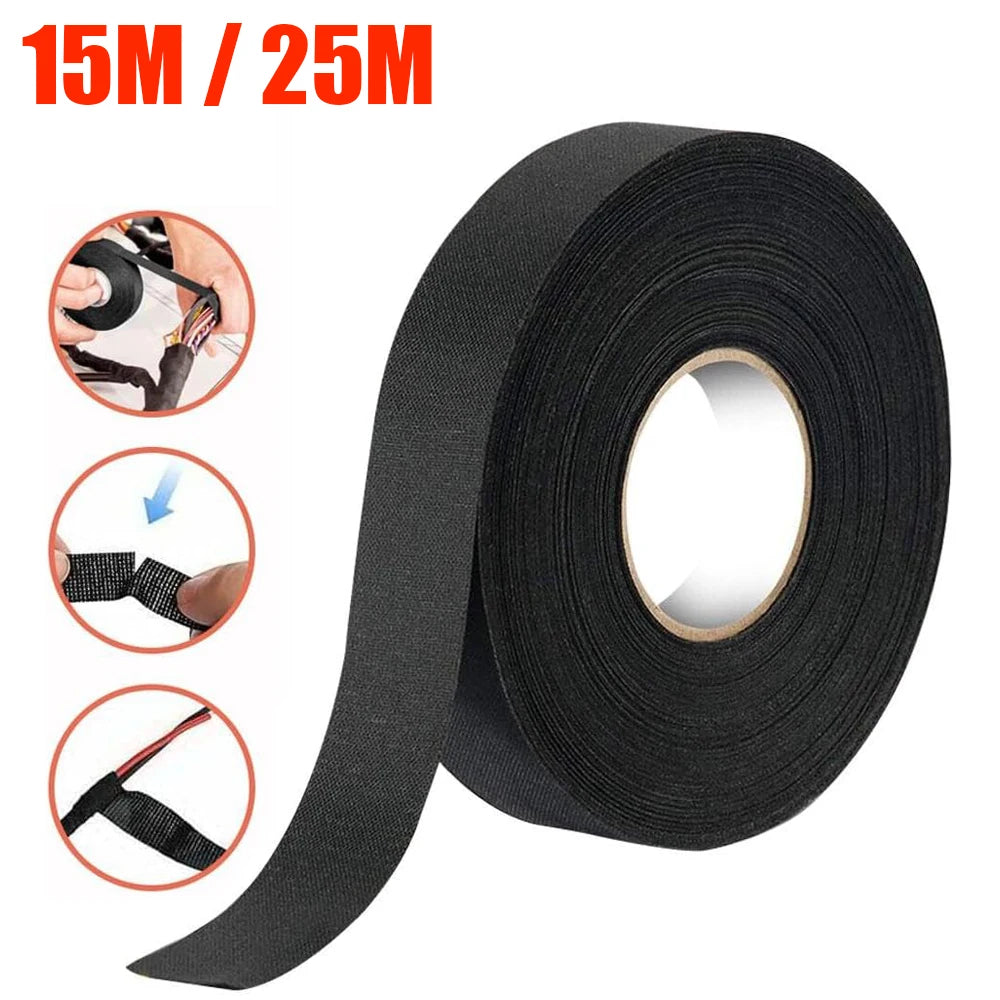 15/25M Wire Harness Automotive Cloth Tape Adhesive High Noise Resistance Heat Proof Fabric Electrical Tape for Wrapping Wiring Qme
