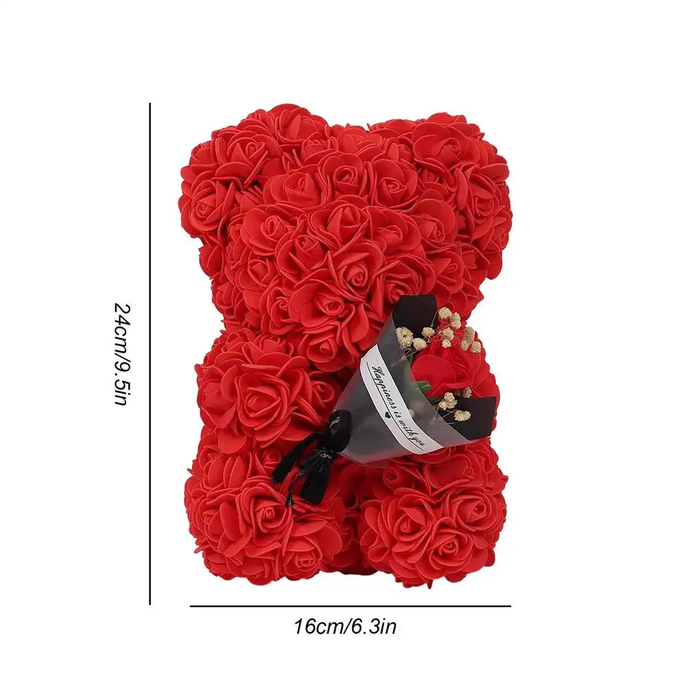 Flower Bear 9.45in Artificial Forever Flower Rose with Clear Box Romantic Gift for Her Handmade Valentine Bear for Home Decor Qme Red