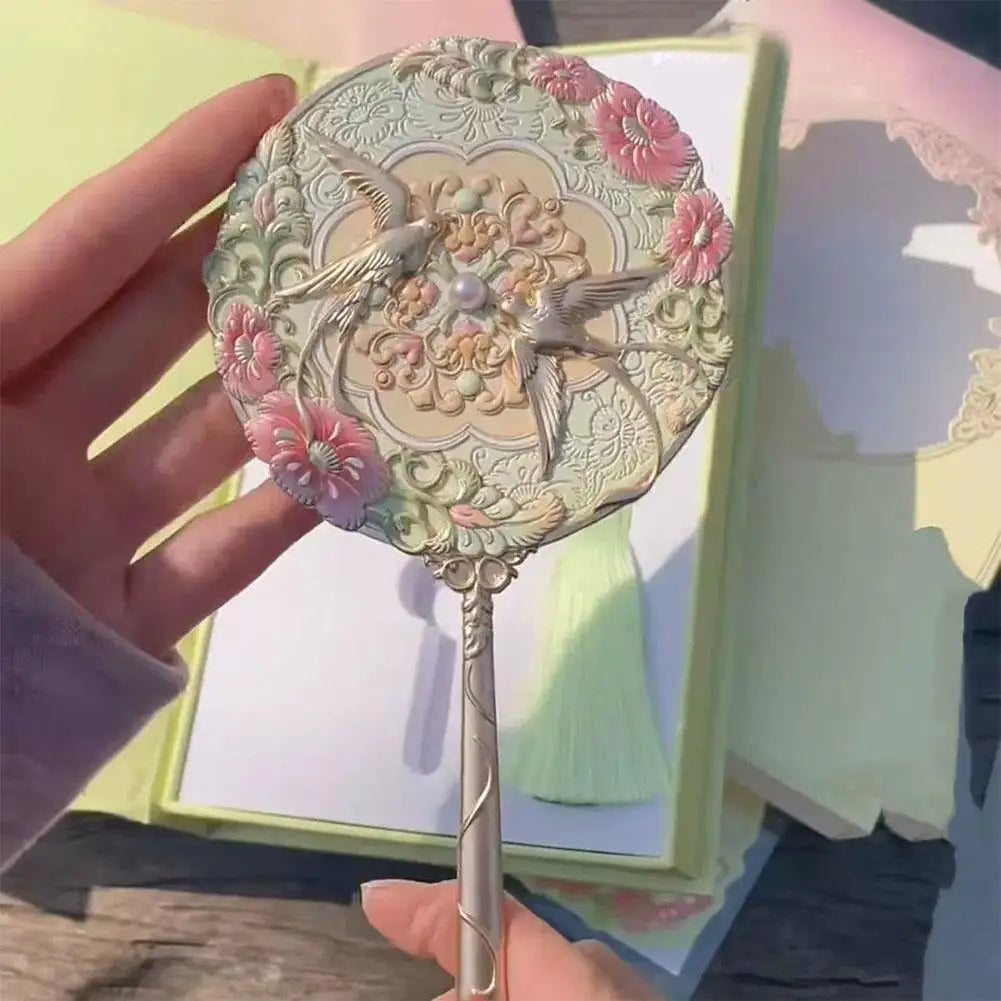 Vintage Chinese Mirror Hand Fancy Pretty Princess Handheld Long Qme