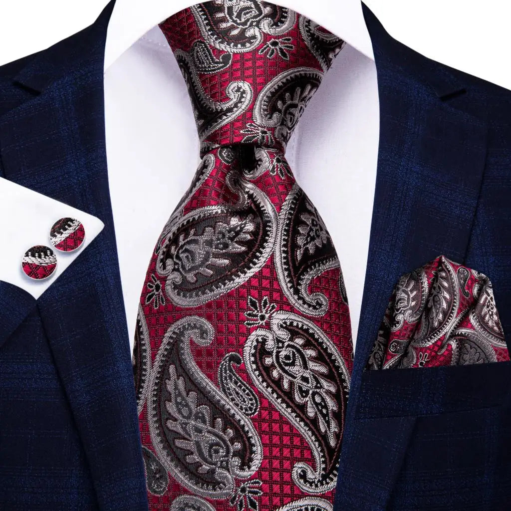 Hi-tie Men Fashion Paisley Sage Green Necktie Handkerchief Cufflinks