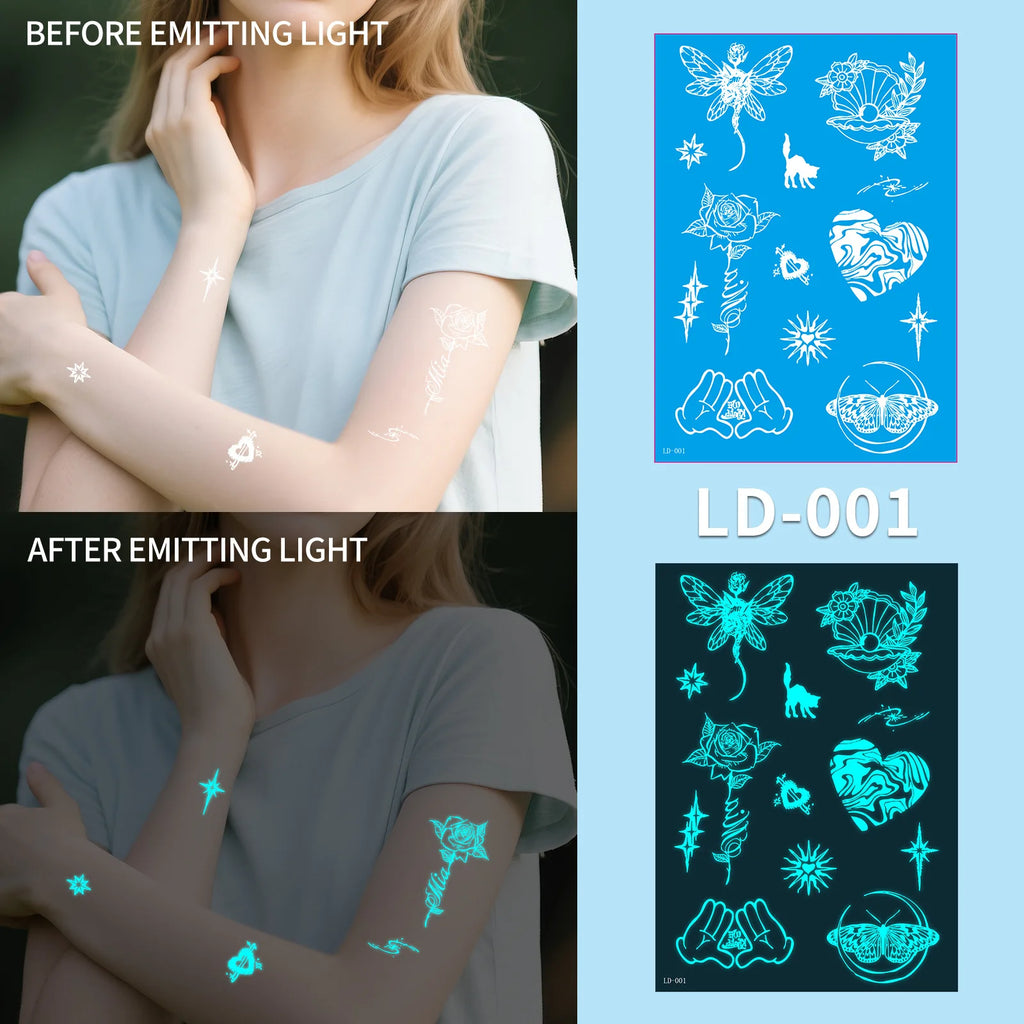 A 6/9pcs Blue Luminous Waterproof Temporary Tattoo Sticker Geometric Butterfly Flower Moon Women Men Arm Body Art Fake Tattoos Qme