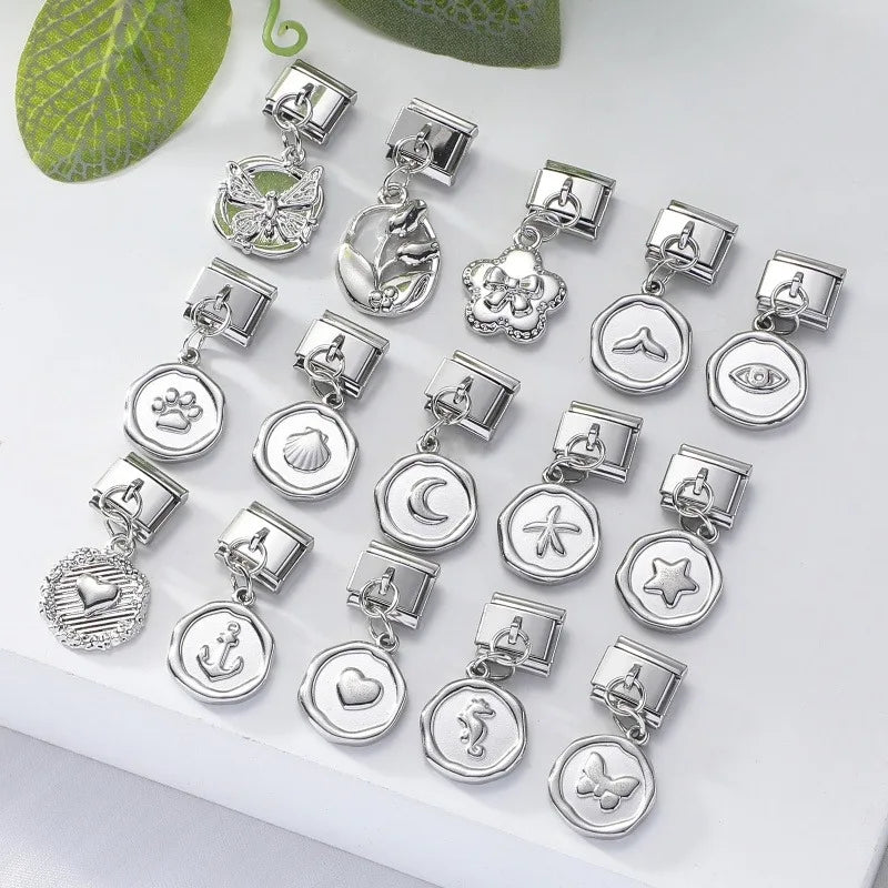 Wholesale Fashion Round Moon Shell Heart Seahorse Italian Charm Link Fit 9mm Stainless Steel DIY Bracelet Jewelry Making Bead Qme