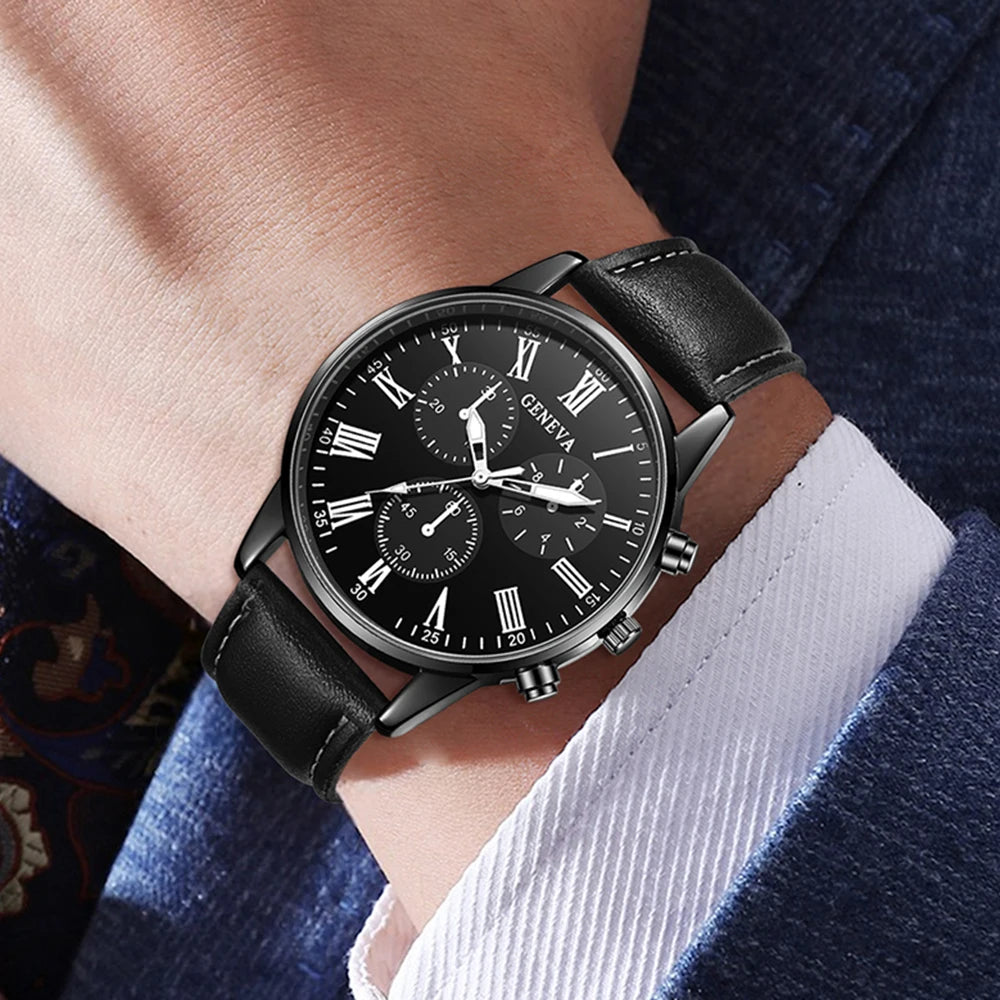 4Pcs Spear Arrow Men Watch Jewelry Set Black Leather Chronograph Wristwatch Cuban Leather Bracelet Arrow Necklace Ring Gift For Qme