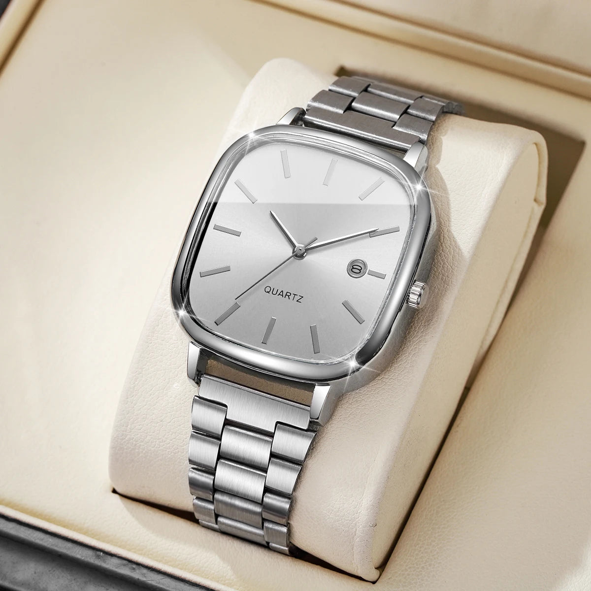 Steel strap watch, retro silver square watch, calendar, high-end feel, men's and women's commuting watch Qme Silver White No Box