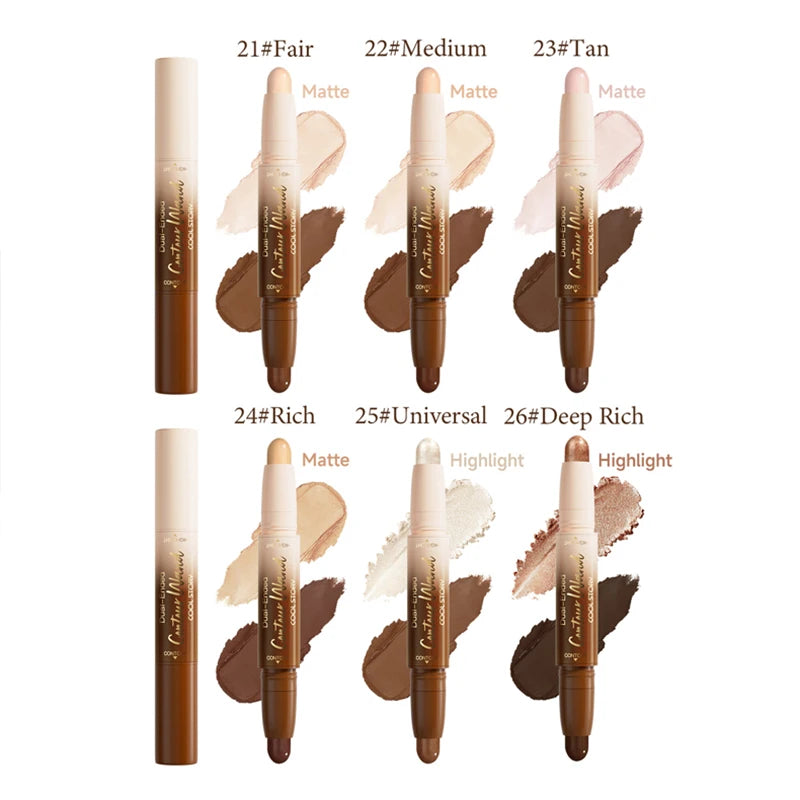 Dual-Ended Contour Highlight Stick Face Sculpting Matte Bronzers Shimmer Three-dimensional Natural V-face Makeup Nose Shadow Qme