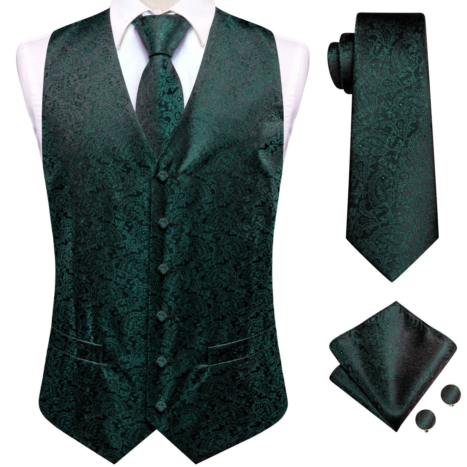 Sage Green Solid Floral Mens Suit Vests Woven Blue Waistcoat Tie Qme