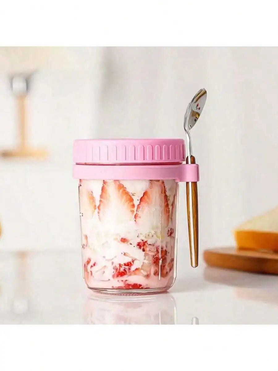 Overnight Oatmeal Container Lid Spoon Large Capacity Airtight Jar Qme pink