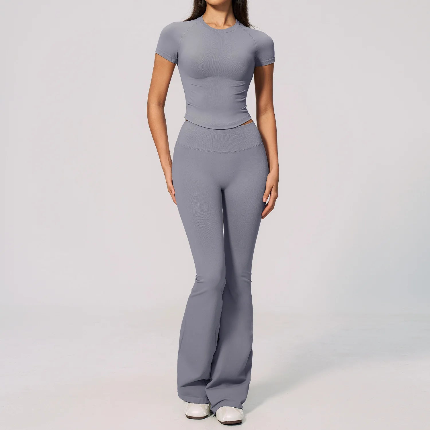B New 2PCS Women Yoga Workout Suit, Short Sleeve Top with High Waist Flared Pants, Elastic Sportswear for Gym Cycling Fitness Qme