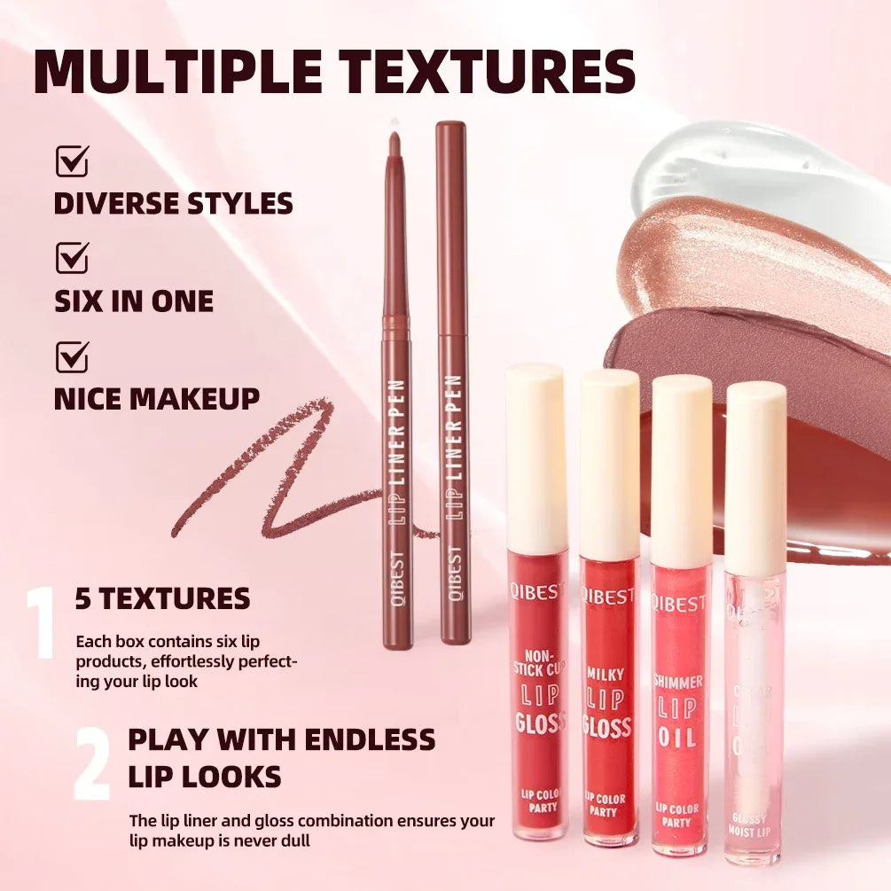 QIBEST Multi-Use Lip Makeup Sets Include 2 Lipliner,1 Liquid Lipstick,2 Mirror Lip Glaze And 1 Lip Oil Cosmetics Lipgloss Tint Qme