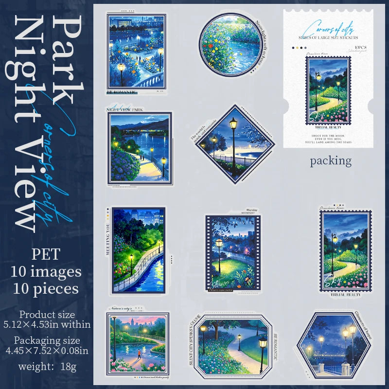 10 pcs/pack Night view of the city Theme PET Sticker Pack DIY Scrapbooking Collage Diary Aesthetics Decor Stationery Stickers Qme F