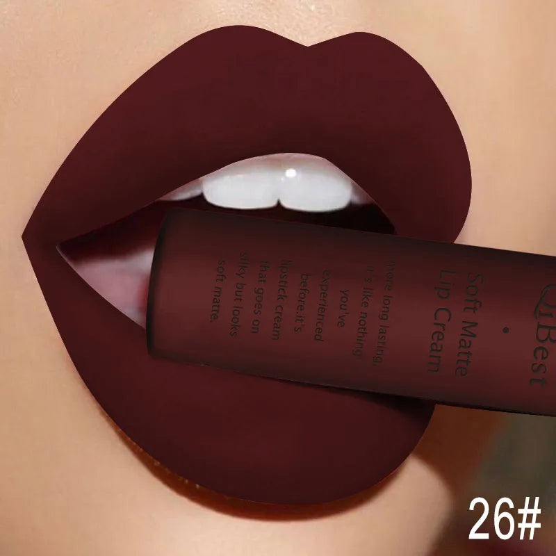 QIBEST Matte Liquid Lipstick Sexy Red Black Nude Lipgloss Waterproof Long Lasting Velvet Lip Gloss Makeup Lip Stain Tint 34Color Qme