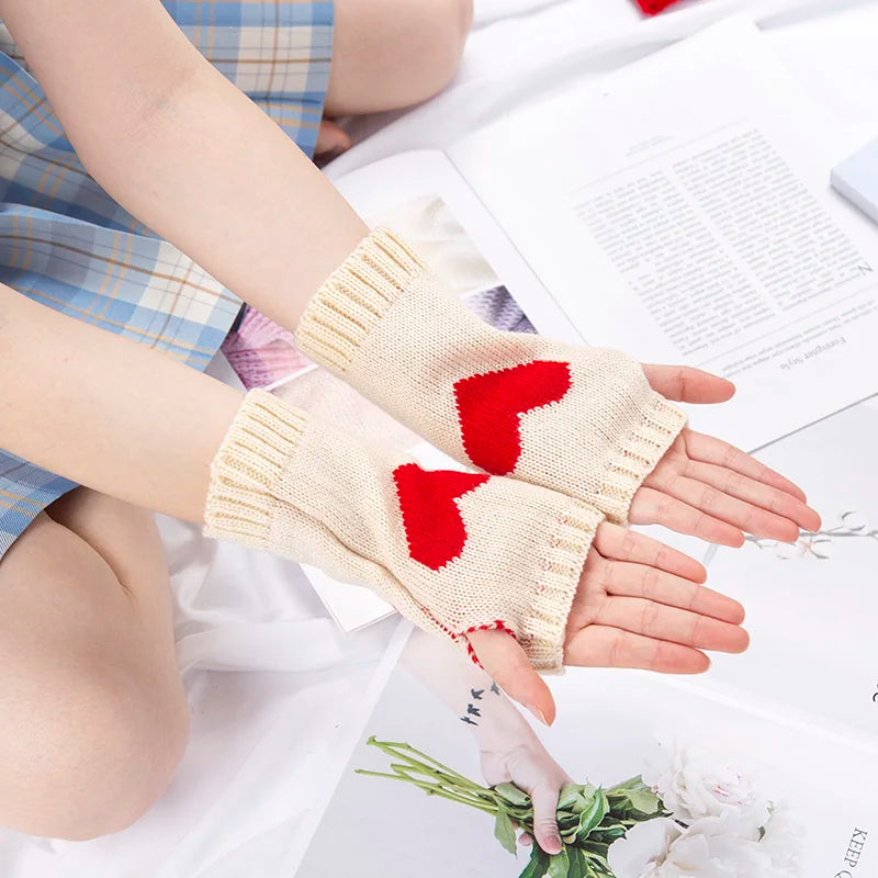 Women Gloves Stylish Hand Warmer Winter Glove Girls Arm Crochet Knitting Goth Lolita Heart Mitten Warm Fingerless Cosplay Gloves Qme Beige length-20cm