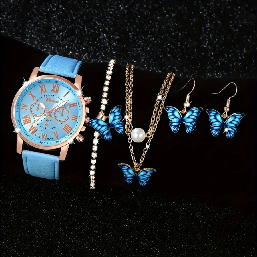 Fashion 5pcs women's quartz watch set, paired with blue butterfly jewelry - round zinc alloy case, PU leather strap Qme