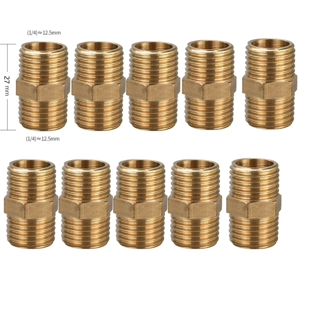 10pcs Brass Pipe Hex Nipple Fitting Quick Coupler Adapter Connector 1/4in For BSP Male To Male Thread Water Oil Air Connector Qme