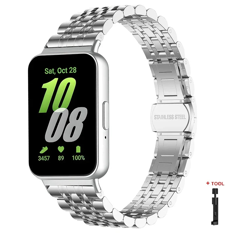 Stainless Steel Strap For Samsung Galaxy Fit 3 Metal Bracelet Luxury Bussiness Band For Samsung Galaxy Fit3 SM-R390 Accessories Qme Silver-Tool For Galaxy Fit3