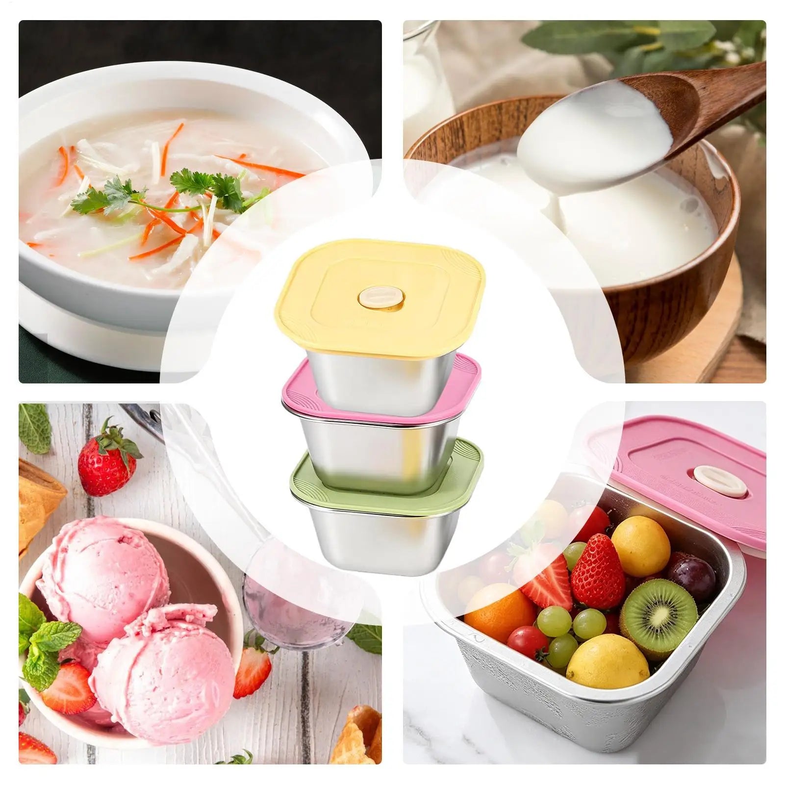 Reusable Ice Cream Containers 3 Food-grade Airtight Cups Silicone Lid Qme
