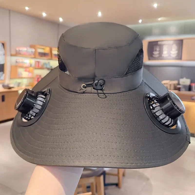 Summer USB Solar Energy 2 Fan Sun Hat Men Women Breathable Fishing CapSun Protection Mesh Fisherman Hat Hiking Outdoor Beach Cap Qme Dark Green