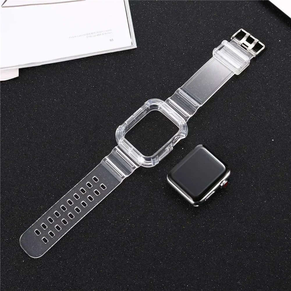 Clear Band + Case for Apple Watch Series 9 8 7 6 SE 5 49mm 45mm 44mm 42mm 41mm Transparent for iwatch 3 38mm 40mm Plastic Strap Qme