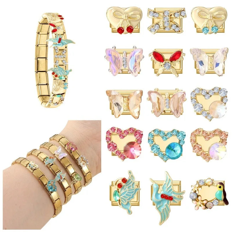 2026 Colorful Garland Flower Bird Luxury Pearl Zircon Gold Color Italian Link Fit 9mm Stainless Steel Charm Jewelry DIY Bracelet Qme