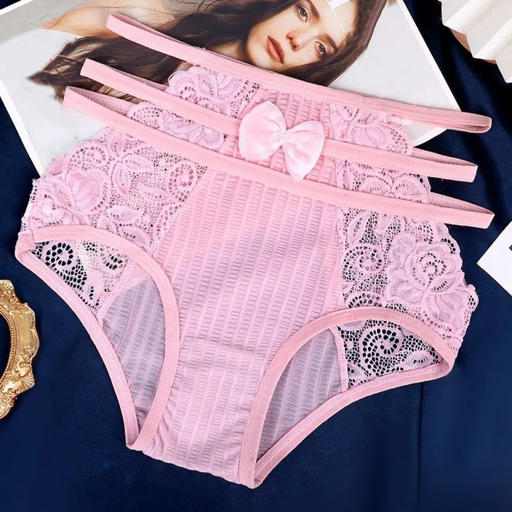 Sweet Hollow Out Women's Panties Waist Mesh Lace Floral Lingerie Qme Pink L 1pc