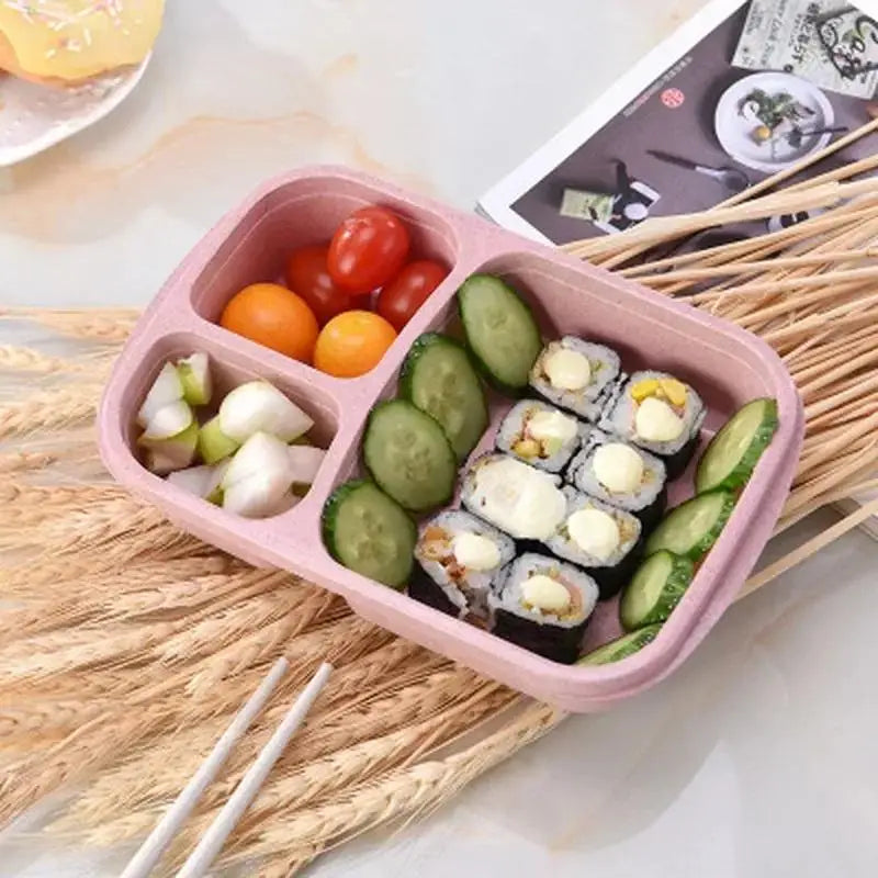 Portable Lunch Wheat Straw Box Single Layer 3 Grid Lid Microwave Food Qme