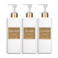 500ml/16.9oz Shampoo Dispenser Press Pump Bottle with Gold Waterproof Labels Bathroom Shampoo Conditioner Body Wash Bottles Qme white