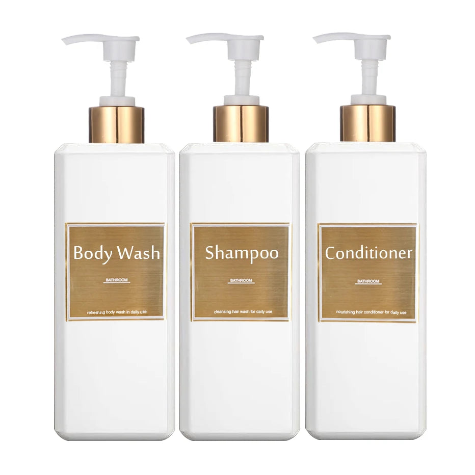 500ml/16.9oz Shampoo Dispenser Press Pump Bottle with Gold Waterproof Labels Bathroom Shampoo Conditioner Body Wash Bottles Qme white