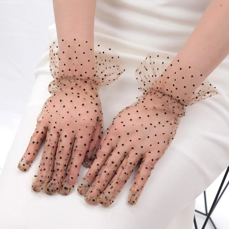 Women Sexy Lace Gloves Transparentes Dot Mesh Short Tulle Mittens Qme A3