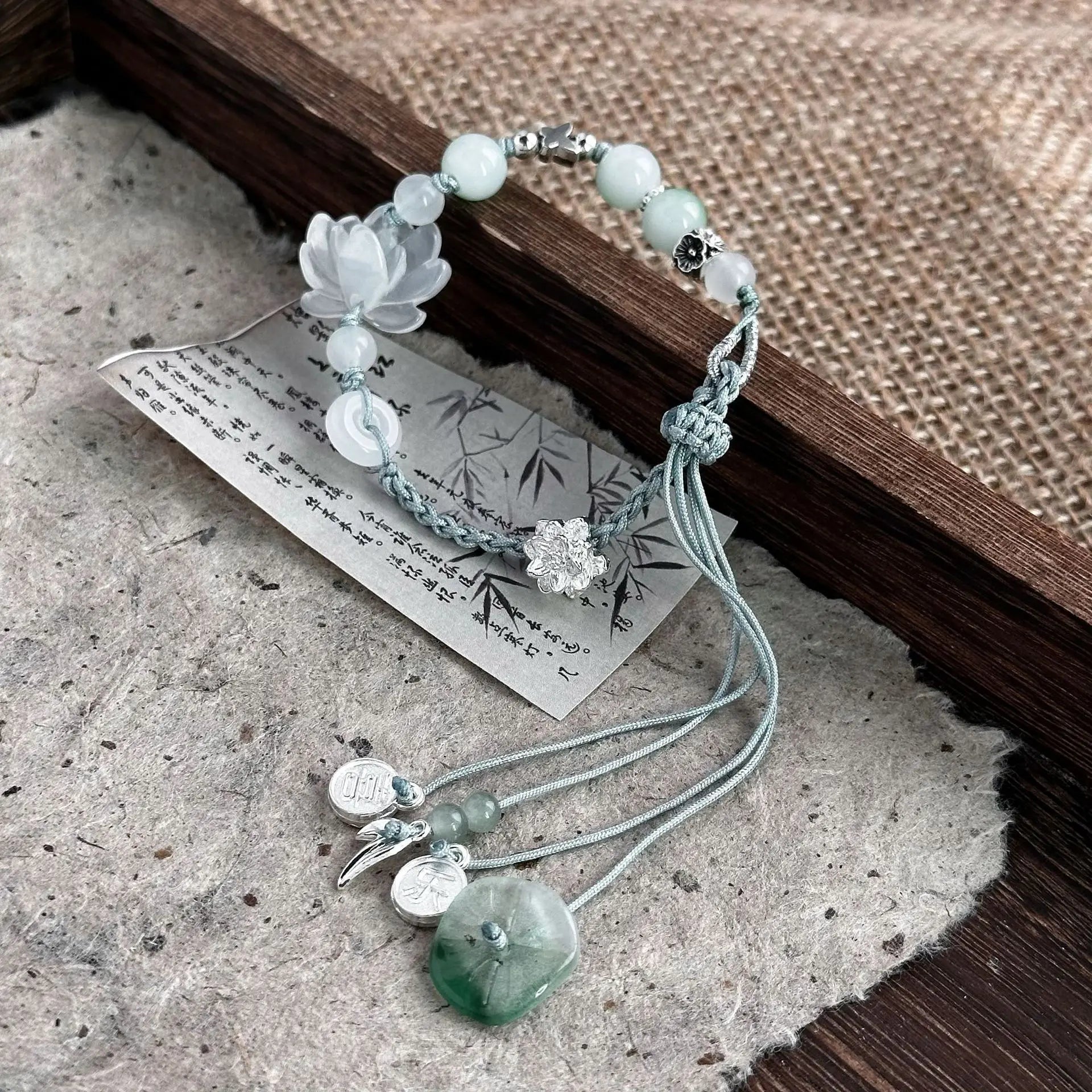 b23 Chinese Style Exquisite Lotus Leaf Lotus Bead Handmade Woven Rope Bracelet for Women's Fashion and High-end Jewelry Qme green