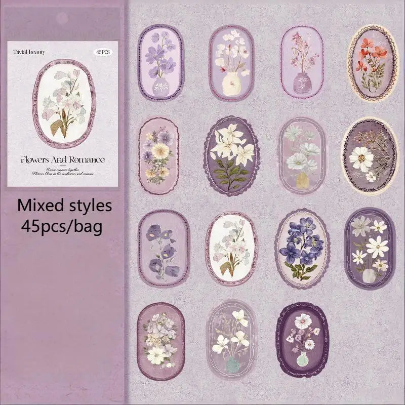 45pcs Serene Florals Sticker Pack - Boxed Flower Theme Collection, DIY Journal Collage Decor Set, Literary Stationery Qme A5