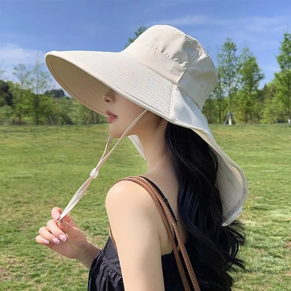 Summer Large Brim Sun Hats For Women Outdoor UV Anti Neck Protection Sun Visors Lady Fishing Hiking Shawl Sunscreen Cap Qme
