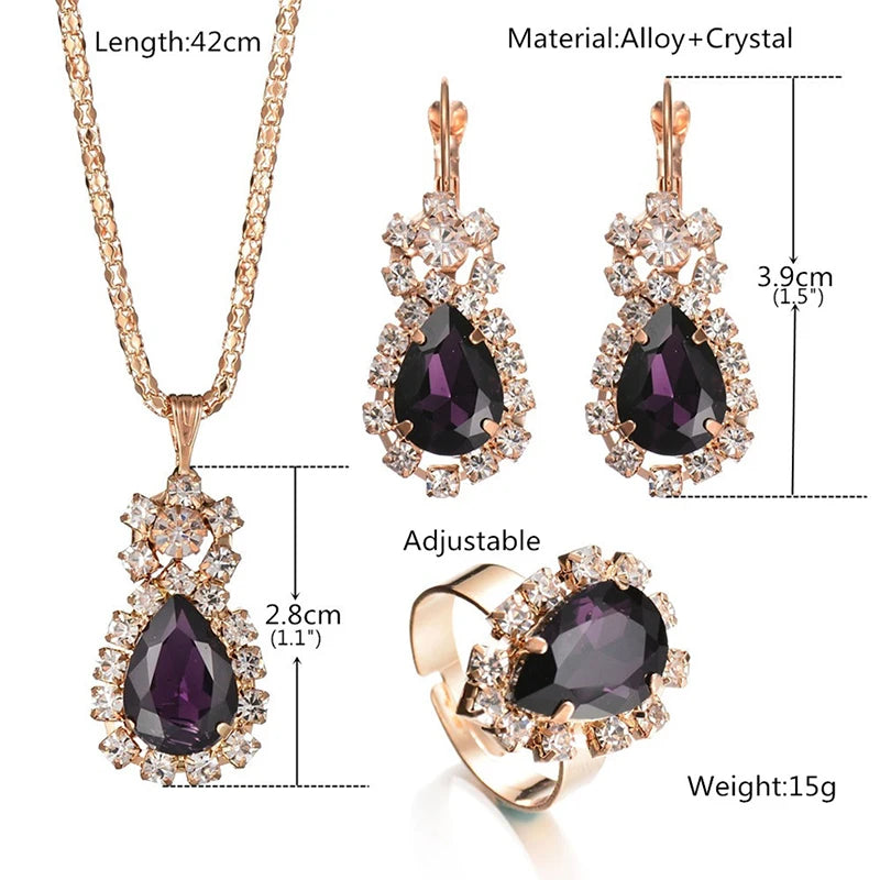 3ps Set Fashion Water Drop White Blue Red Purple Black Temperament Jewelry Sets for Party Women Pendant/Necklace/Earrings/Rings Qme
