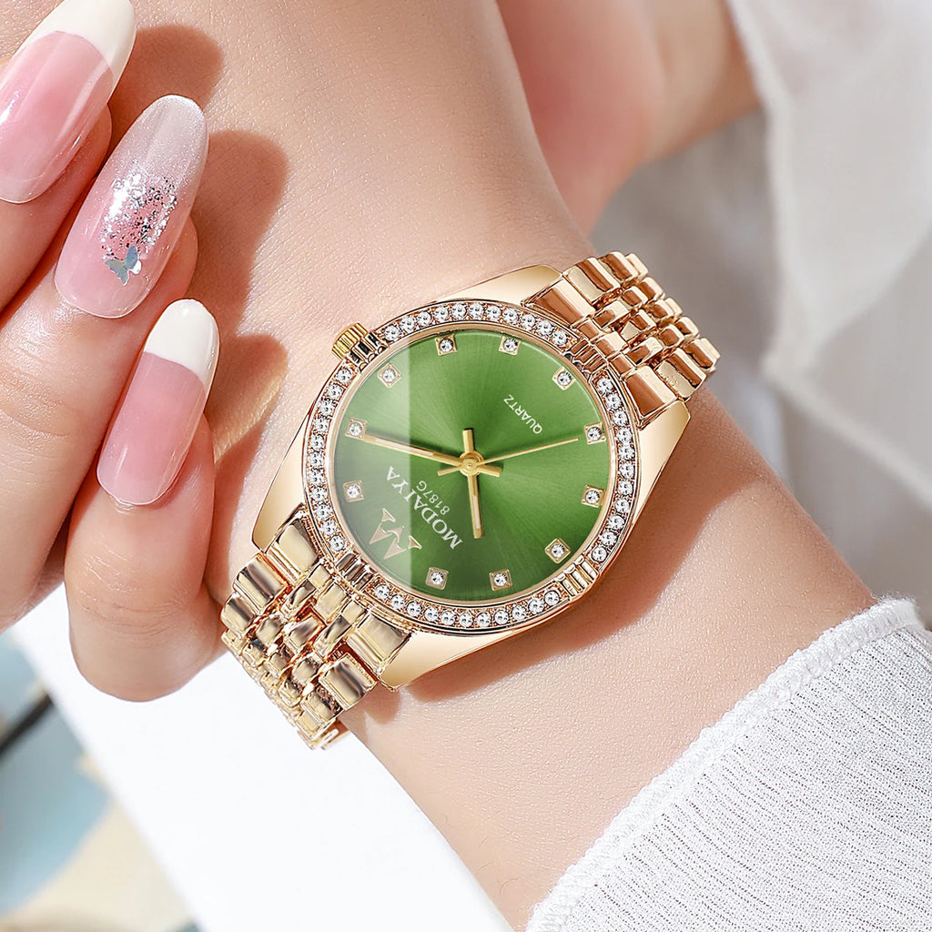 Luxury Women's Crystal Watch, Rose Gold Tone with Green Dial, Everyday Wear Qme