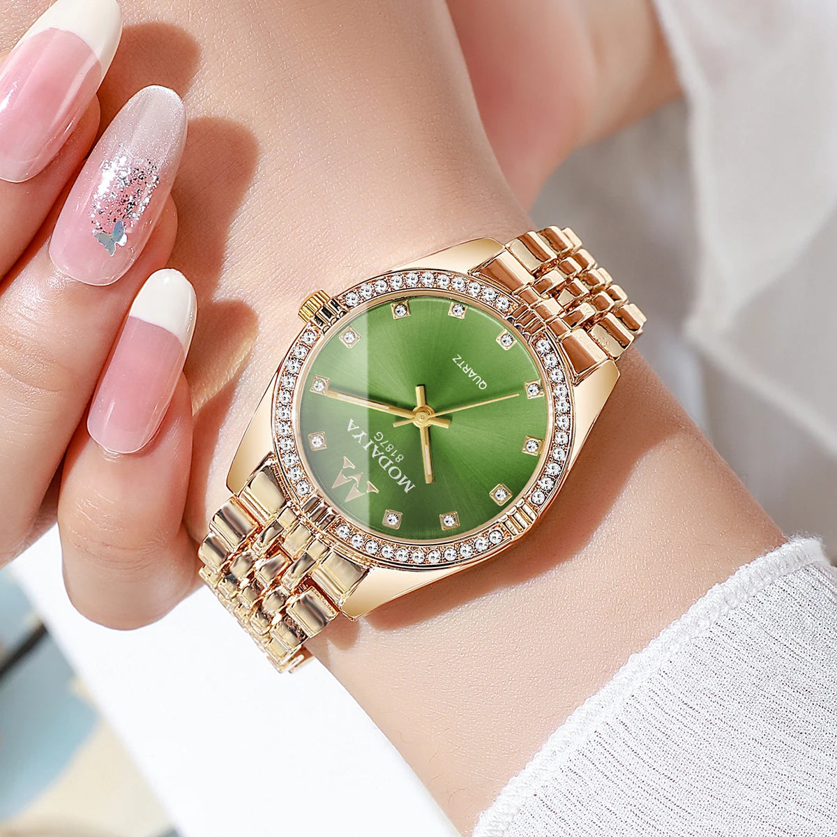 Luxury Women's Crystal Watch, Rose Gold Tone with Green Dial, Everyday Wear Qme